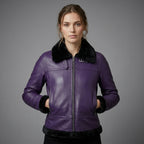 Women’s Purple Shearling Leather Jacket with Black Fur & Silver Hardware