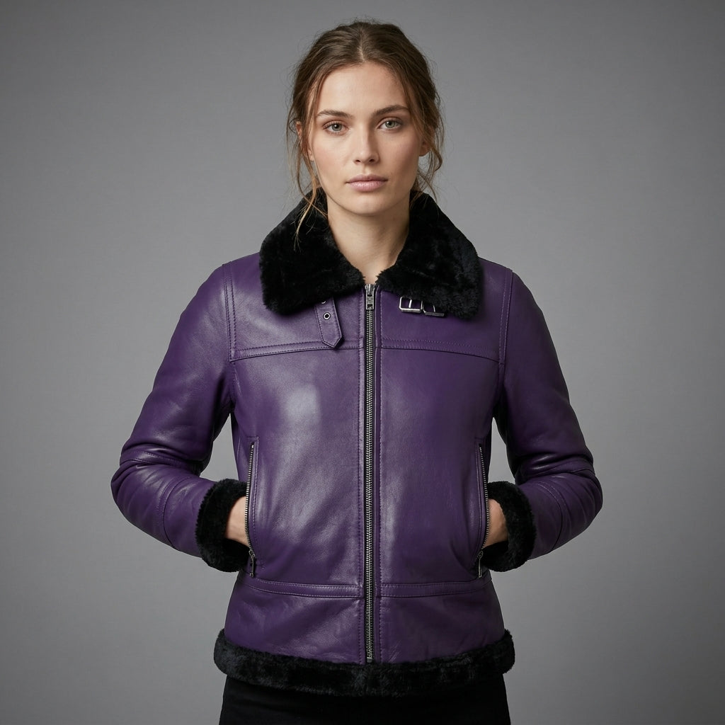 Women’s Purple Shearling Leather Jacket with Black Fur & Silver Hardware