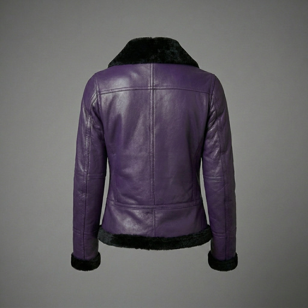 Women’s Purple Shearling Leather Jacket with Black Fur & Silver Hardware