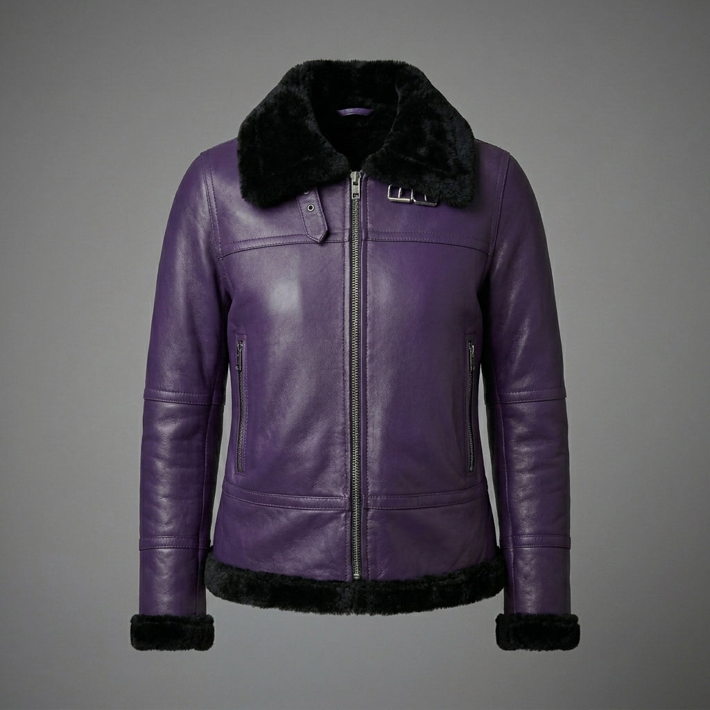 Women’s Purple Shearling Leather Jacket with Black Fur & Silver Hardware