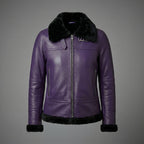 Women’s Purple Shearling Leather Jacket with Black Fur & Silver Hardware