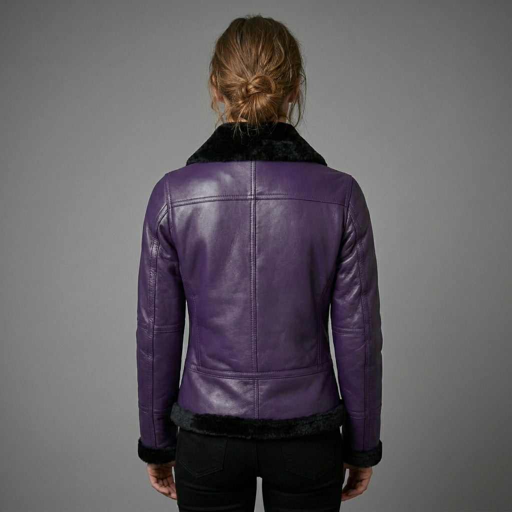 Women’s Purple Shearling Leather Jacket with Black Fur & Silver Hardware