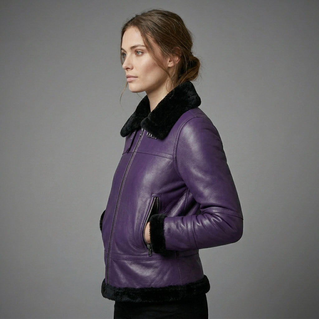 Women’s Purple Shearling Leather Jacket with Black Fur & Silver Hardware