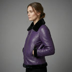 Women’s Purple Shearling Leather Jacket with Black Fur & Silver Hardware
