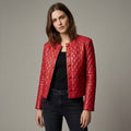 Women’s Quilted Collarless Crimson Red Leather Jacket