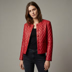 Women’s Quilted Collarless Crimson Red Leather Jacket