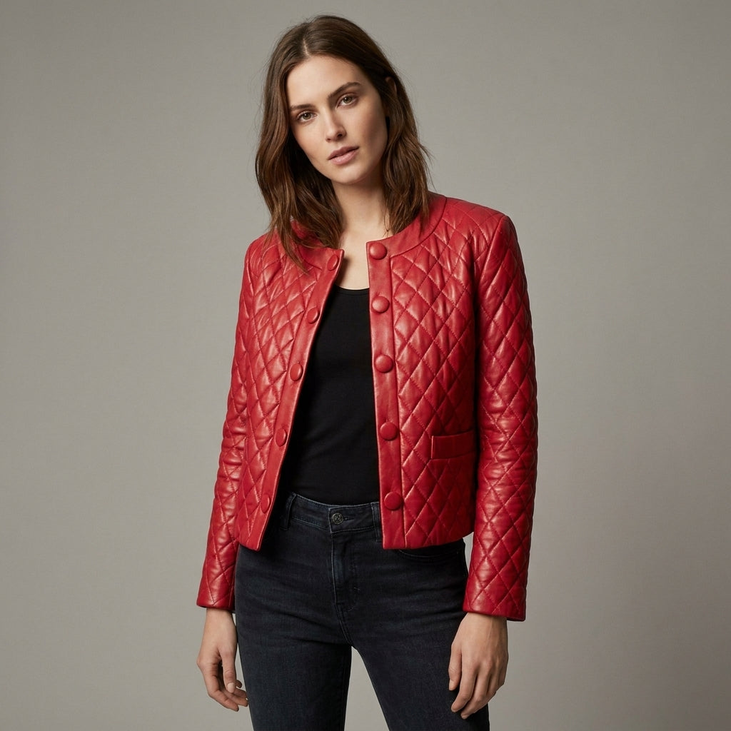 Women’s Quilted Collarless Crimson Red Leather Jacket