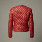 Women’s Quilted Collarless Crimson Red Leather Jacket