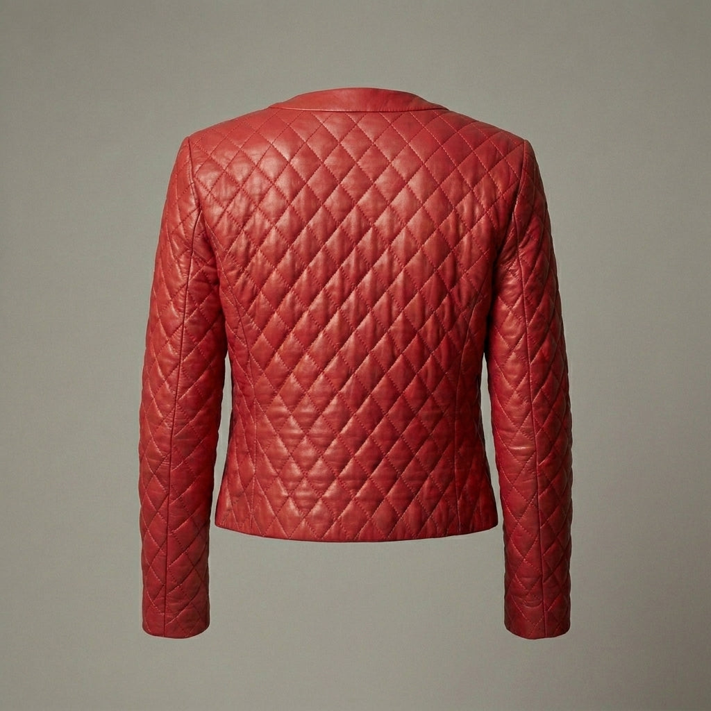 Women’s Quilted Collarless Crimson Red Leather Jacket