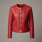 Women’s Quilted Collarless Crimson Red Leather Jacket