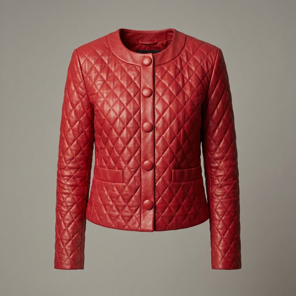 Women’s Quilted Collarless Crimson Red Leather Jacket