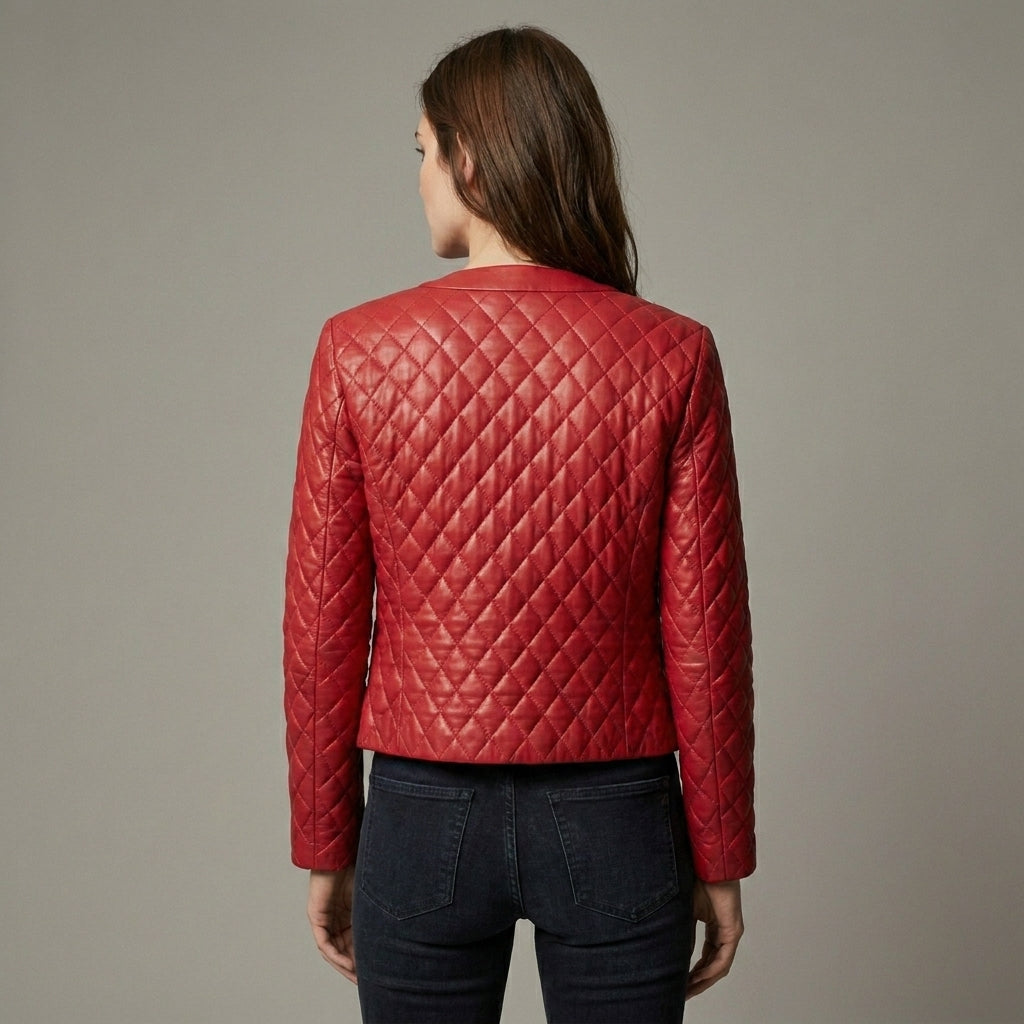 Women’s Quilted Collarless Crimson Red Leather Jacket