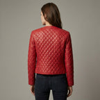 Women’s Quilted Collarless Crimson Red Leather Jacket