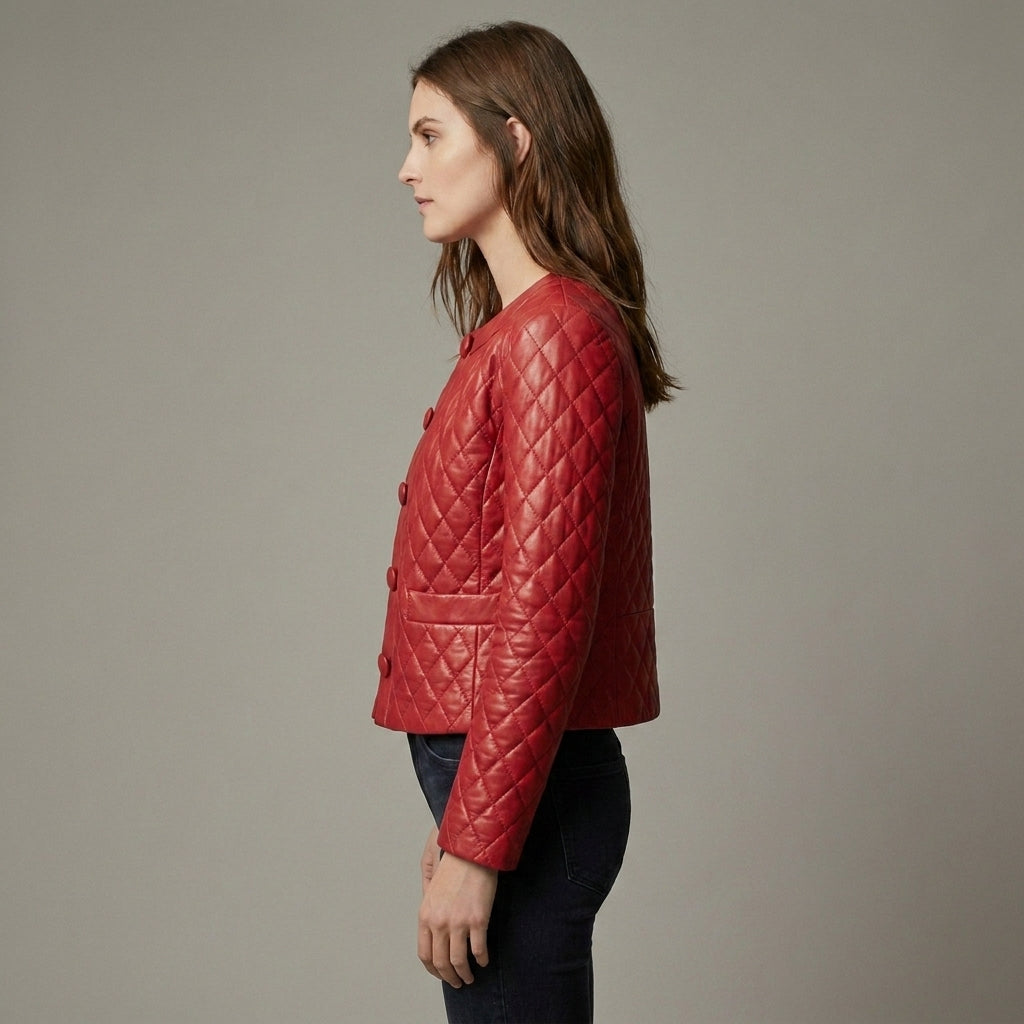 Women’s Quilted Collarless Crimson Red Leather Jacket