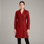Women’s Red Genuine Leather Belted Trench Coat – Long Luxury Fashion Jacket