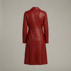Women’s Red Genuine Leather Belted Trench Coat – Long Luxury Fashion Jacket