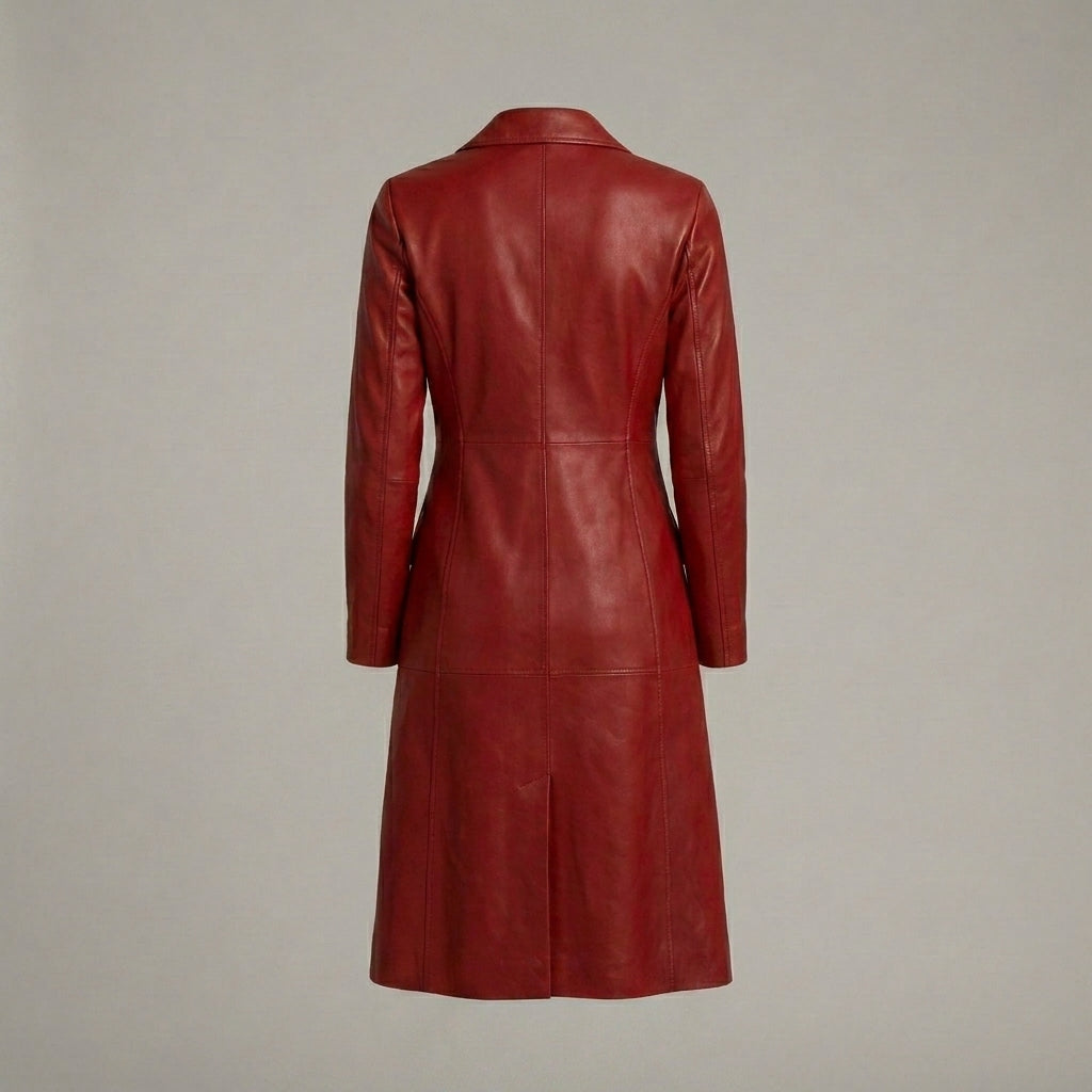 Women’s Red Genuine Leather Belted Trench Coat – Long Luxury Fashion Jacket