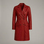 Women’s Red Genuine Leather Belted Trench Coat – Long Luxury Fashion Jacket