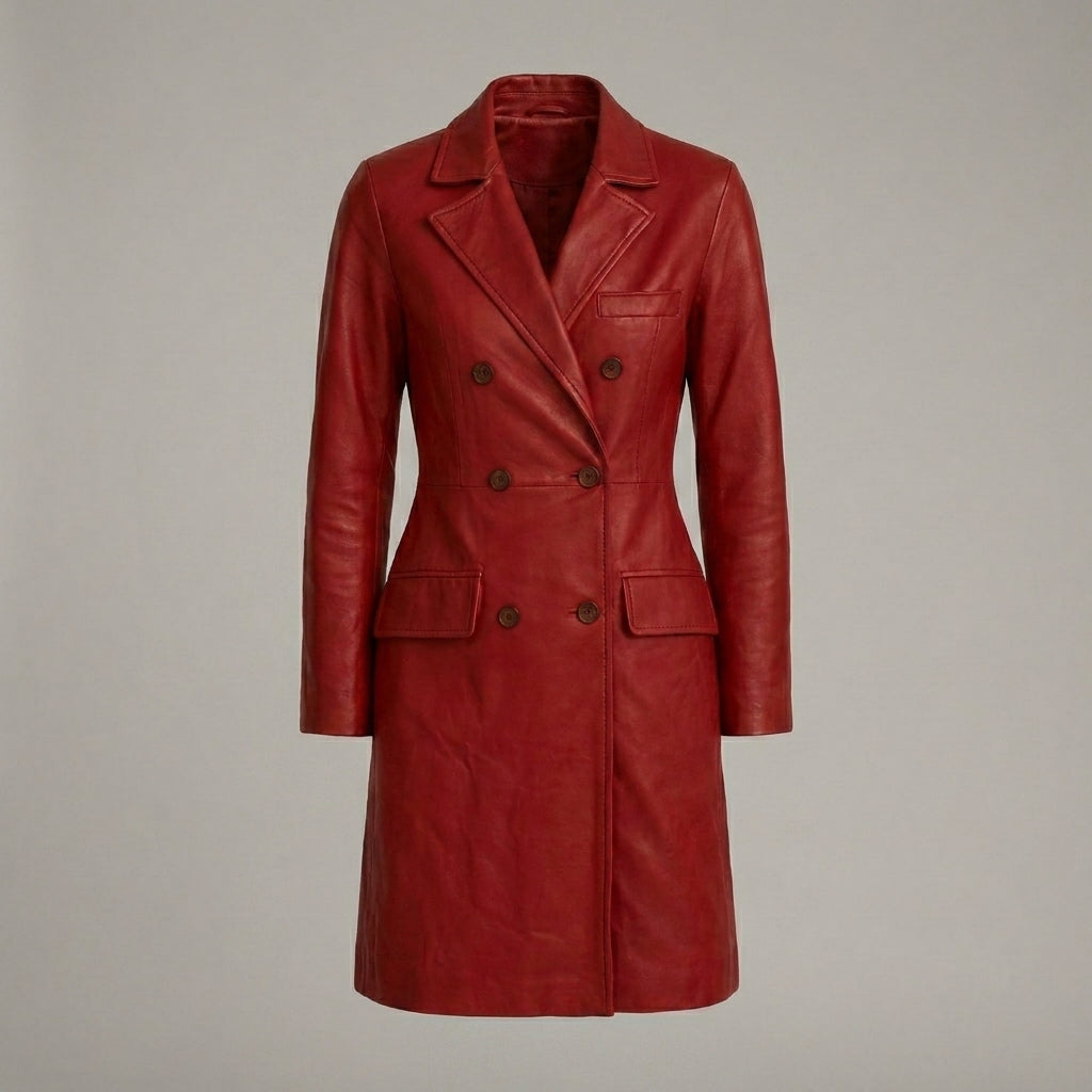 Women’s Red Genuine Leather Belted Trench Coat – Long Luxury Fashion Jacket