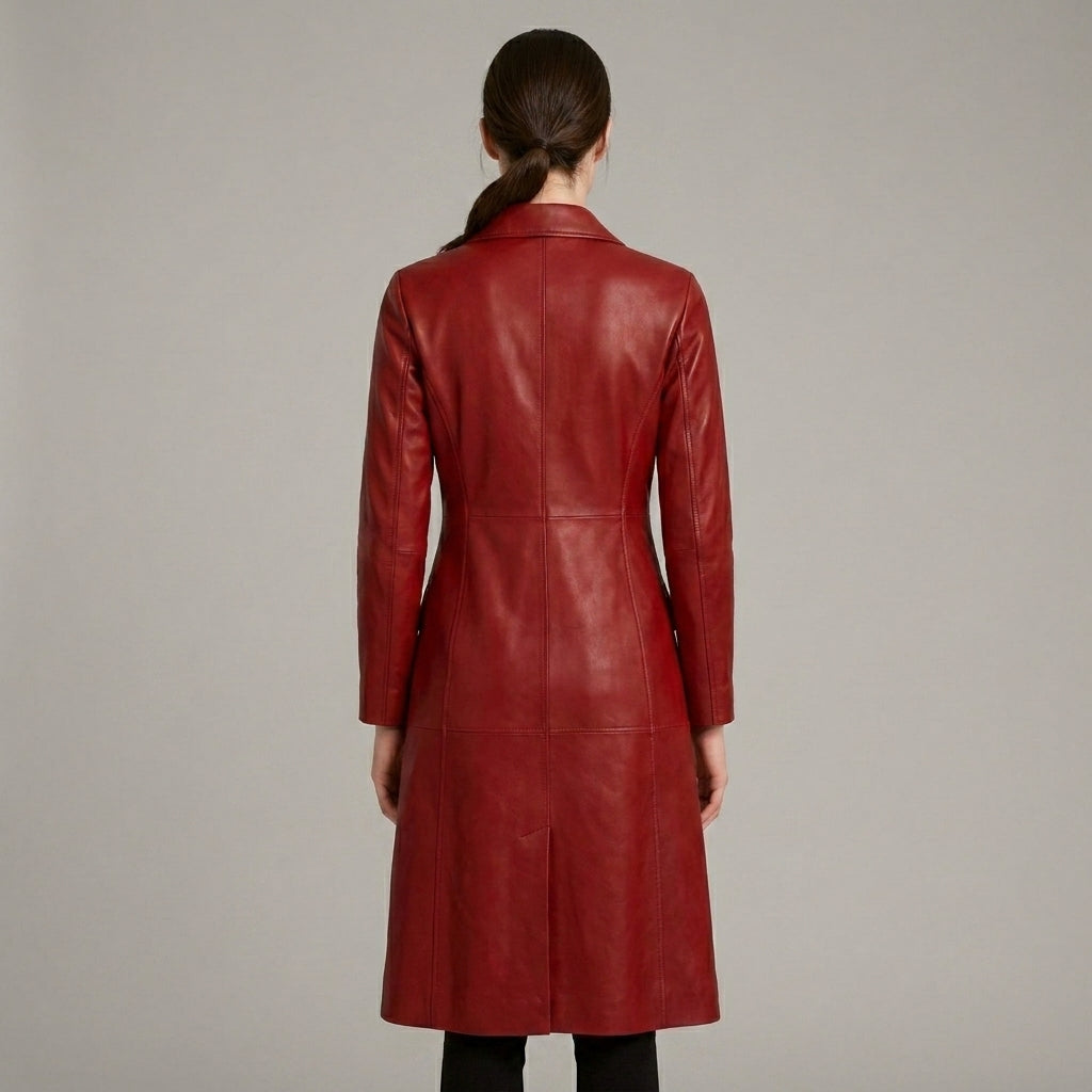 Women’s Red Genuine Leather Belted Trench Coat – Long Luxury Fashion Jacket
