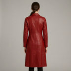 Women’s Red Genuine Leather Belted Trench Coat – Long Luxury Fashion Jacket