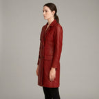 Women’s Red Genuine Leather Belted Trench Coat – Long Luxury Fashion Jacket