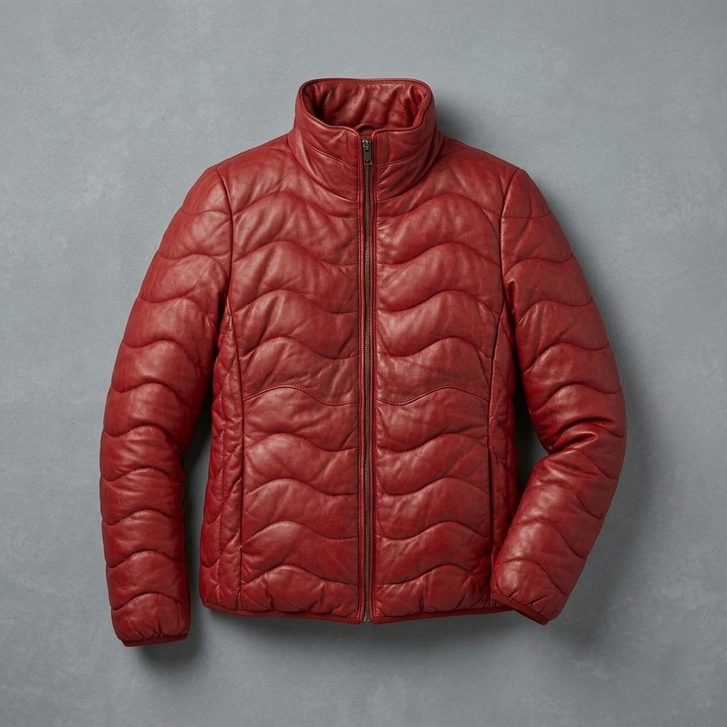 Women’s Red Quilted Ribbed Leather Jacket