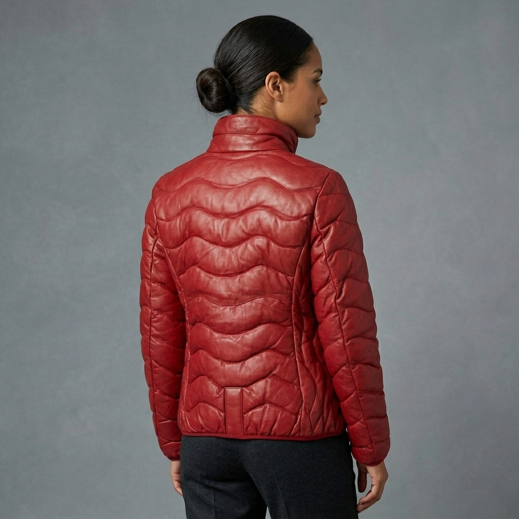 Women’s Red Quilted Ribbed Leather Jacket