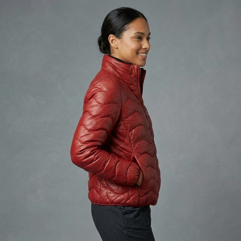 Women’s Red Quilted Ribbed Leather Jacket