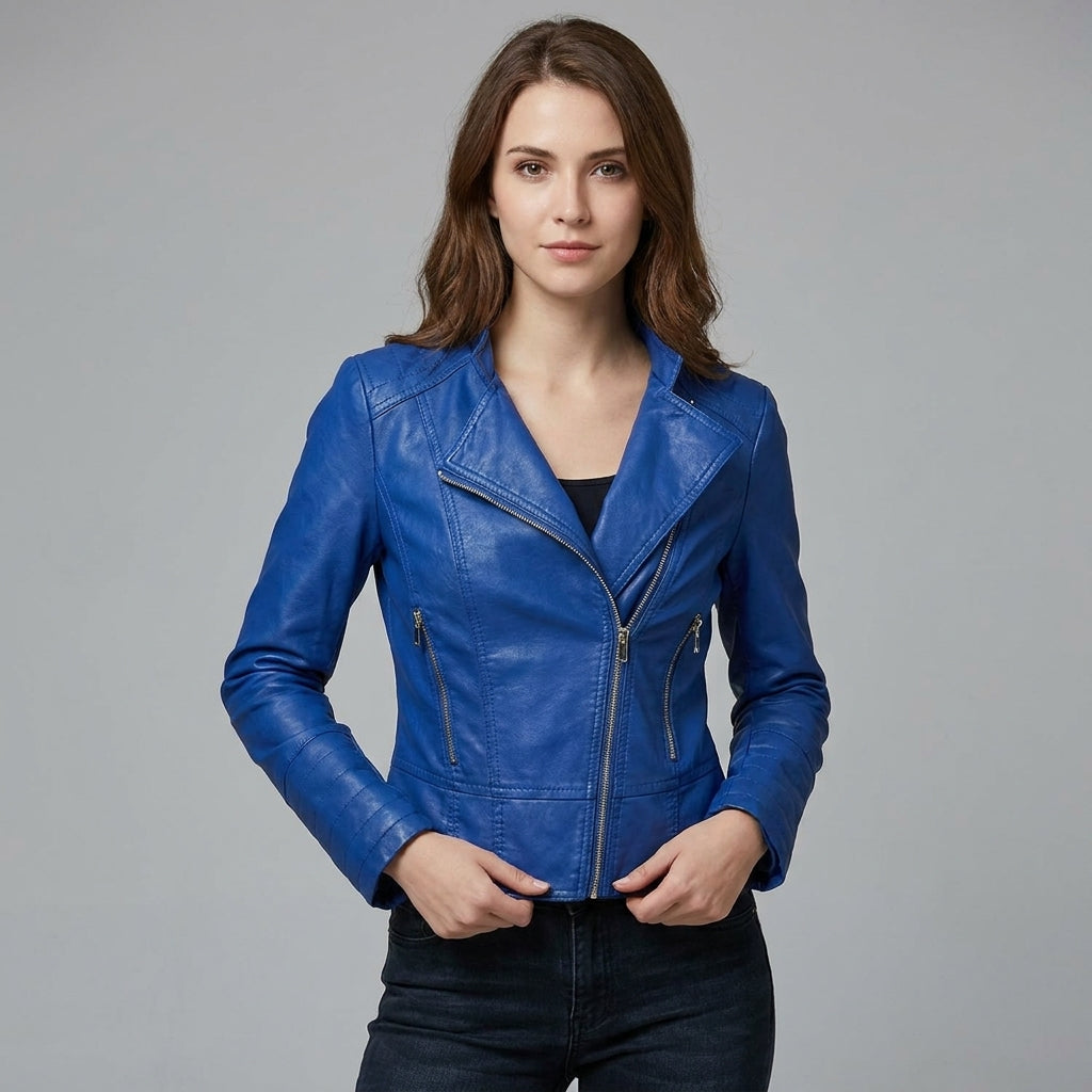 Women’s Royal Blue Classic Biker Leather Jacket