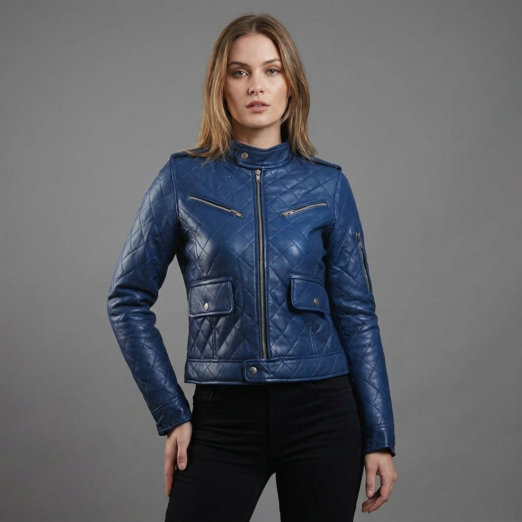 Women’s Royal Blue Leather Bomber Jacket