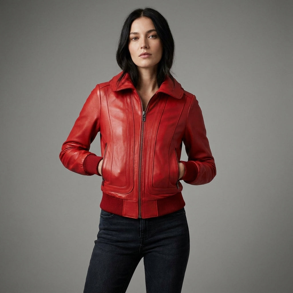 Women’s Ruby Red Leather Bomber Jacket
