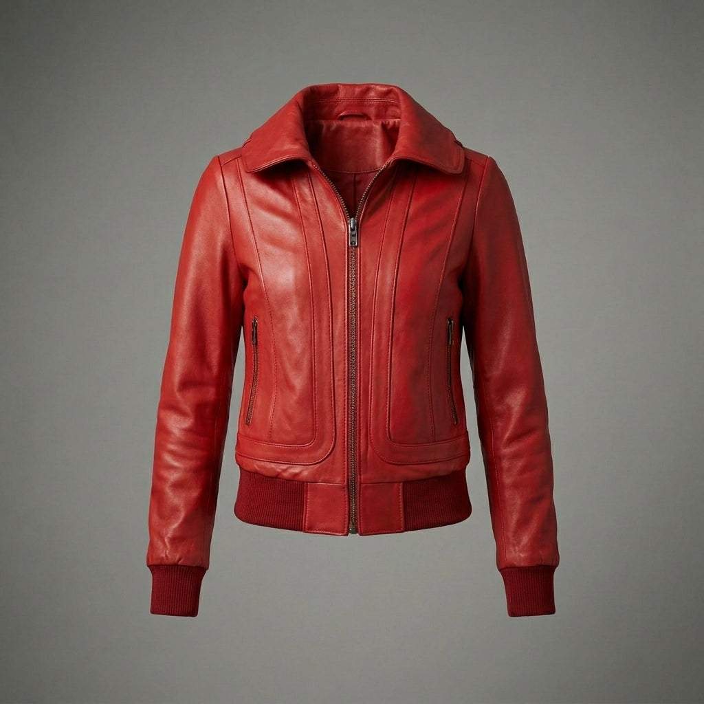 Women’s Ruby Red Leather Bomber Jacket