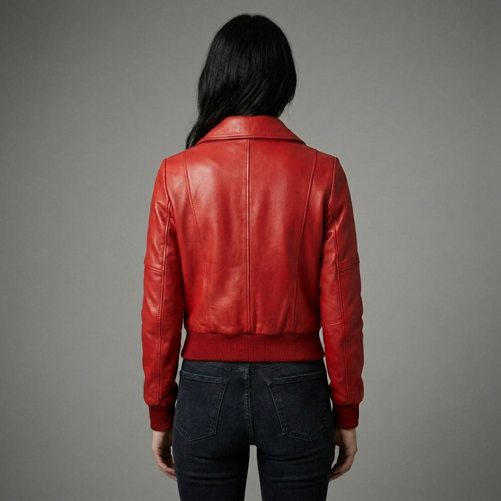 Women’s Ruby Red Leather Bomber Jacket
