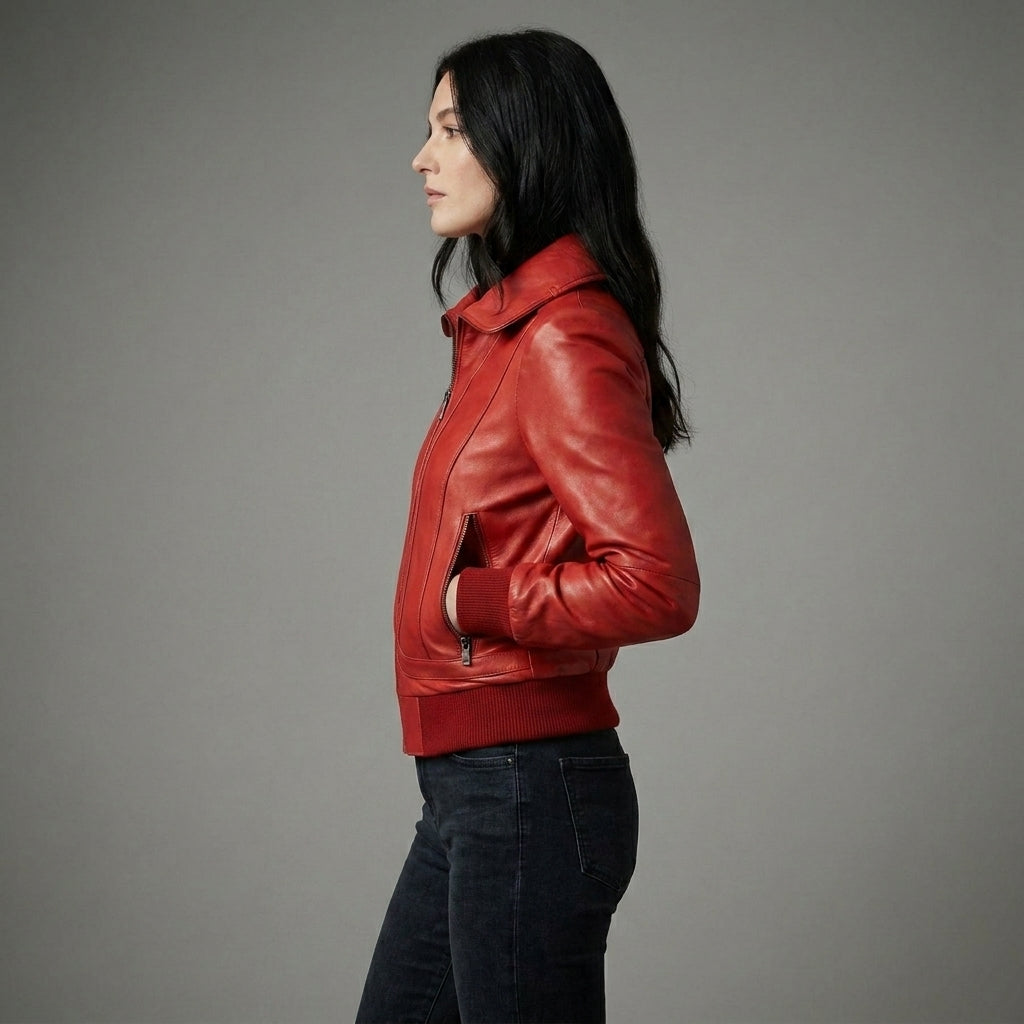 Women’s Ruby Red Leather Bomber Jacket