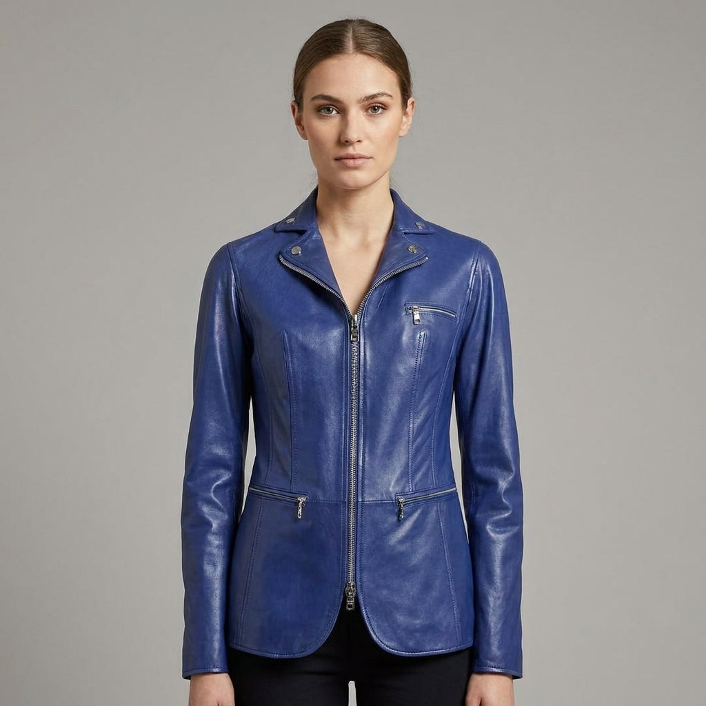 Women’s Sapphire Blue Leather Blazer Jacket