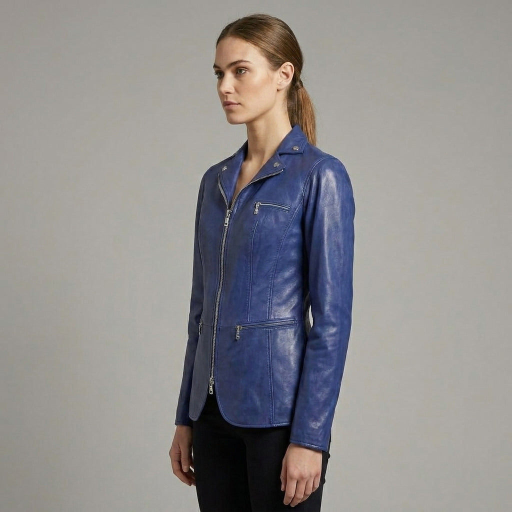 Women’s Sapphire Blue Leather Blazer Jacket