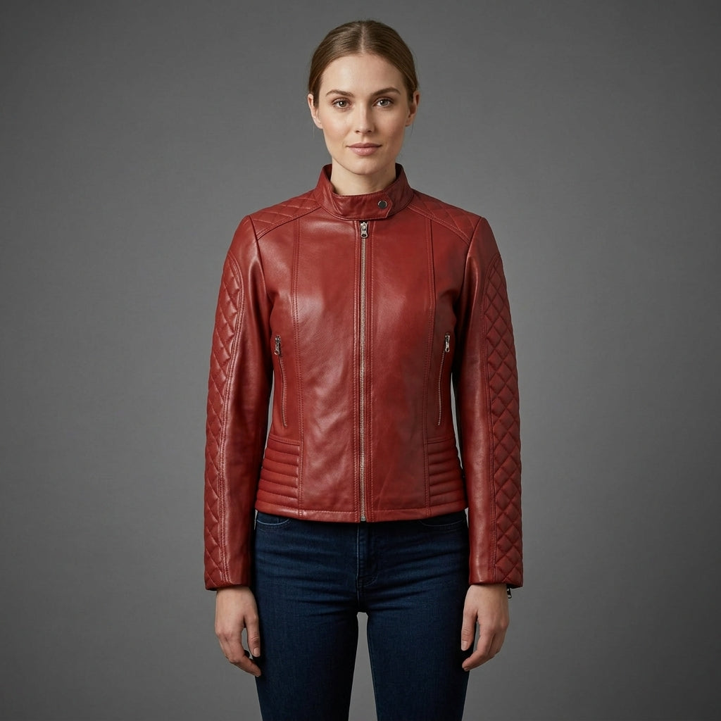 Women's Scarlet Quilted Biker Leather Jacket