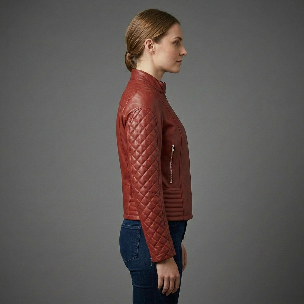 Women's Scarlet Quilted Biker Leather Jacket