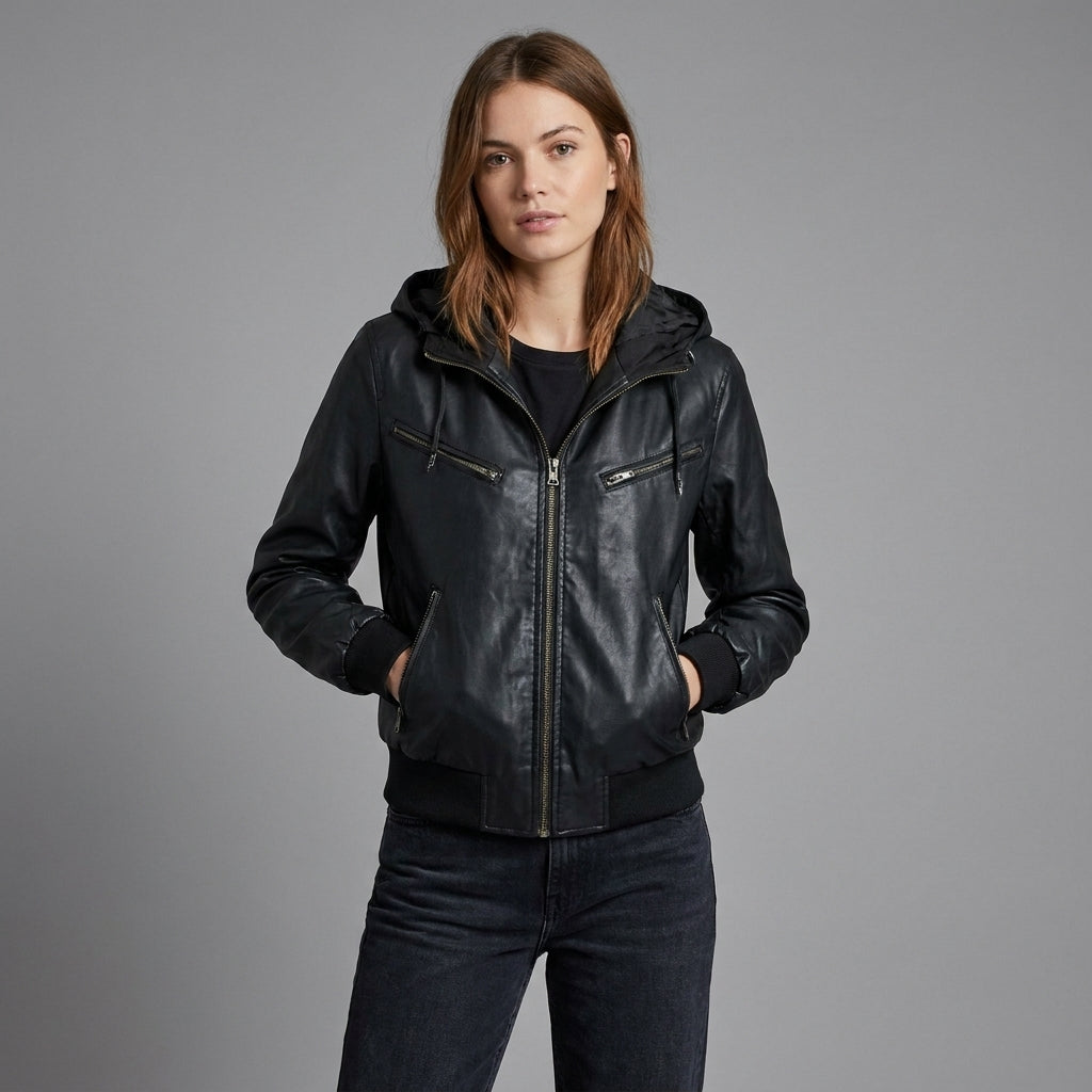Women’s Shadow Hooded Leather Bomber Jacket