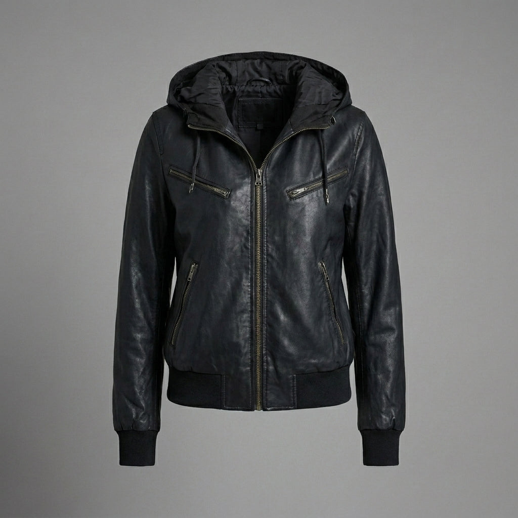 Women’s Shadow Hooded Leather Bomber Jacket