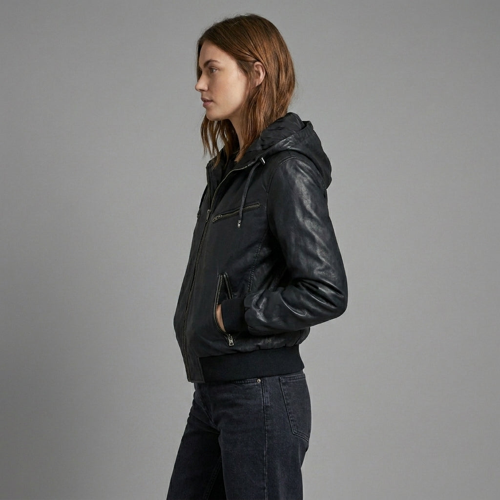 Women’s Shadow Hooded Leather Bomber Jacket