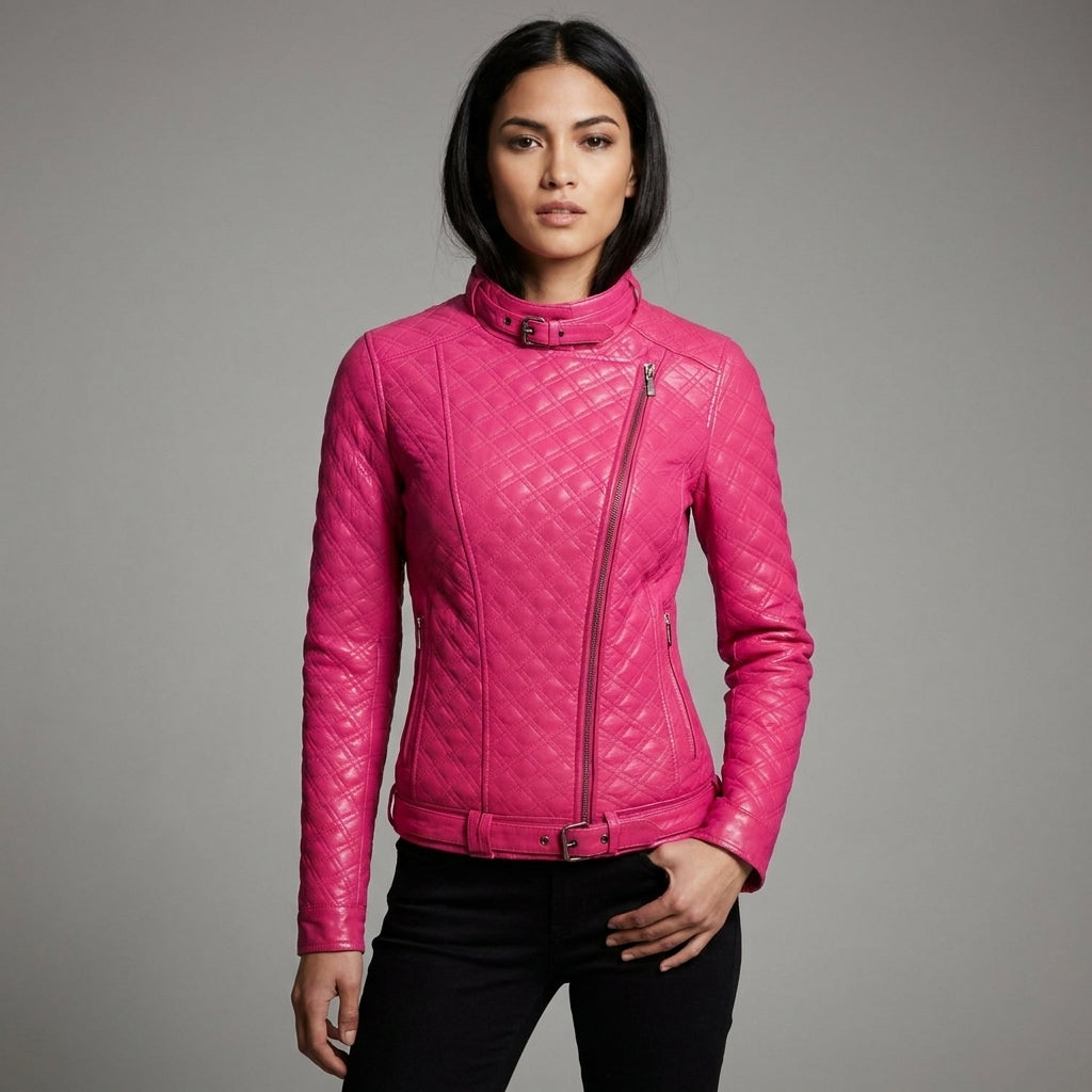 Women’s Shocking Pink Leather Biker Moto Jacket