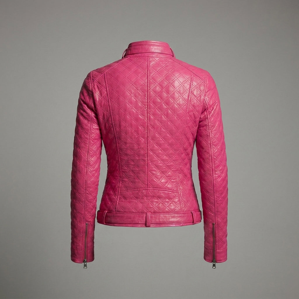 Women’s Shocking Pink Leather Biker Moto Jacket