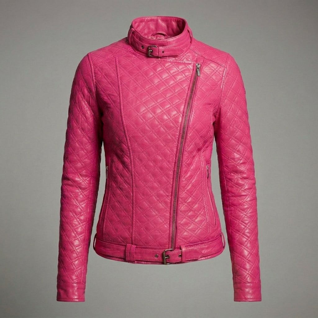 Women’s Shocking Pink Leather Biker Moto Jacket