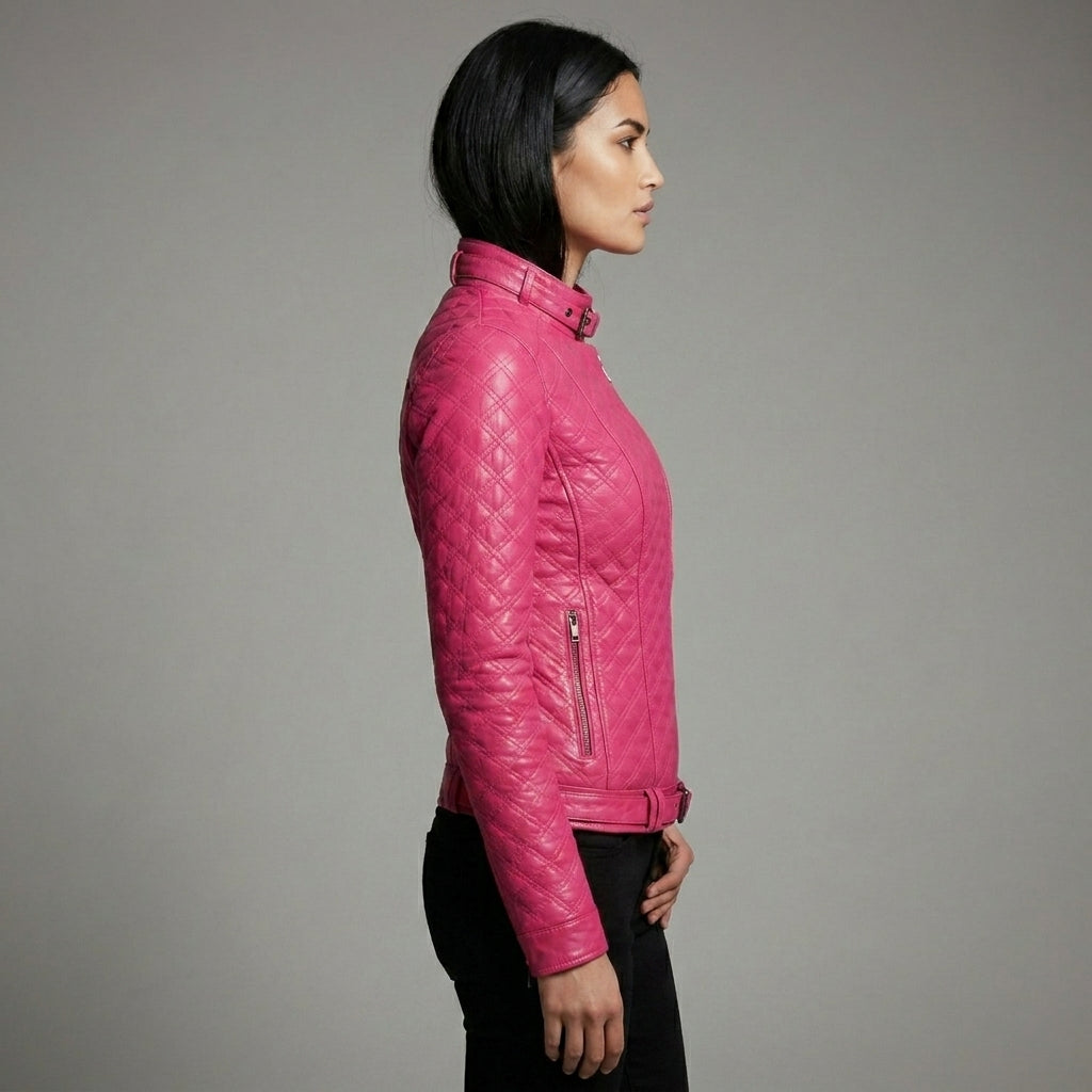Women’s Shocking Pink Leather Biker Moto Jacket