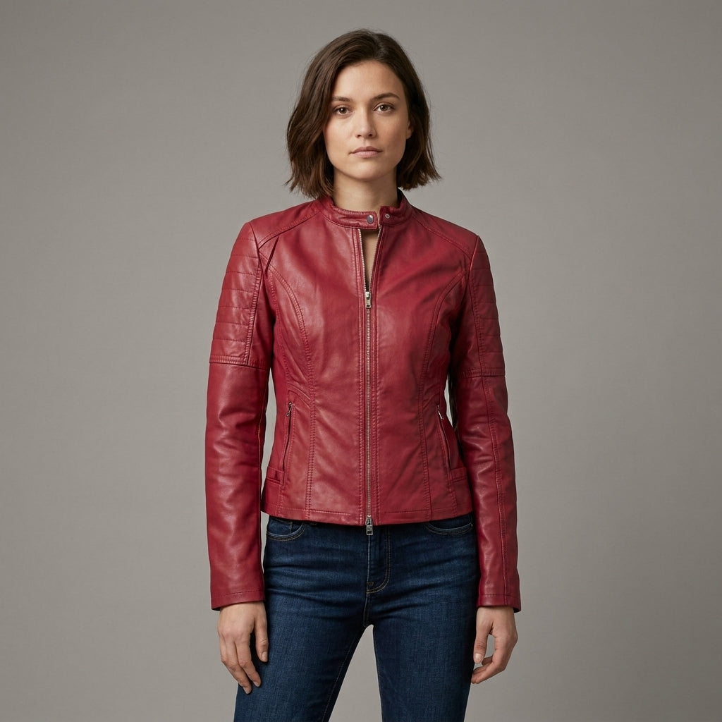 Women’s Slim Fit Red Leather Moto Biker Jacket