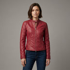 Women’s Slim Fit Red Leather Moto Biker Jacket
