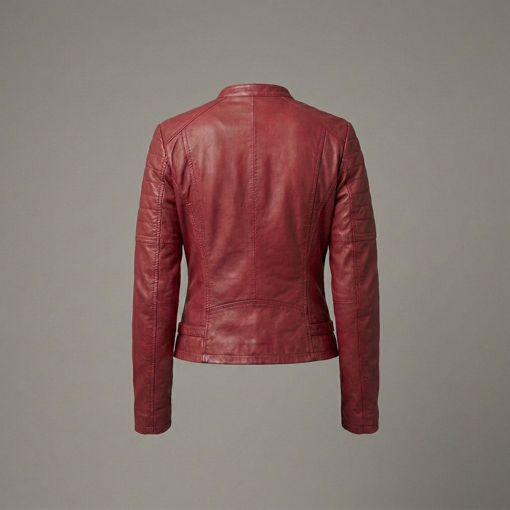 Women’s Slim Fit Red Leather Moto Biker Jacket