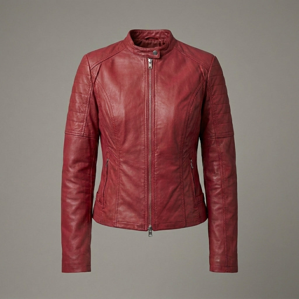 Women’s Slim Fit Red Leather Moto Biker Jacket